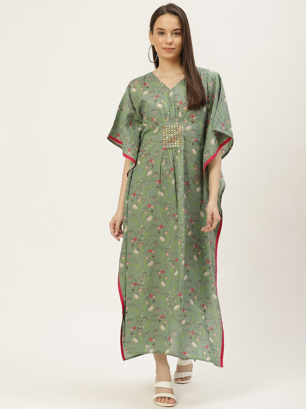 Women's Green  Printed Kaftan Dress (1pc) - Maaesa