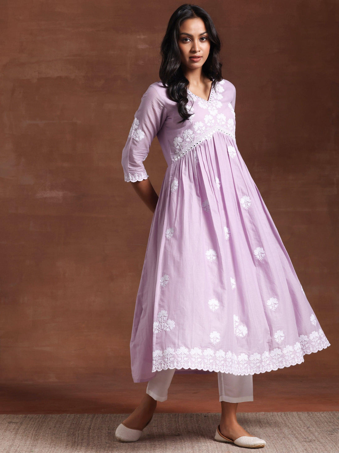 Lavender Embroidered Cotton A-Line Kurta - Jashvi