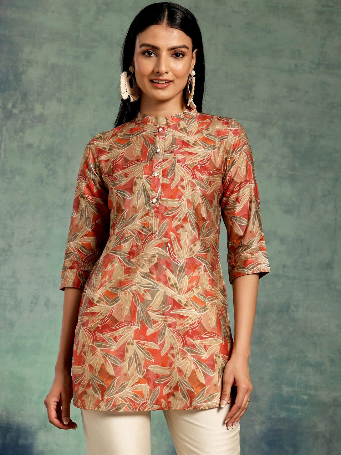 Beige Printed Silk Blend Straight Kurti - Jashvi