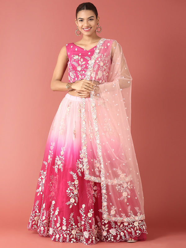 Women's Rose Tone Shadding Net Sequinse Work Fully-Stitched Lehenga & Stitched Blouse, Dupatta - Royal Dwells