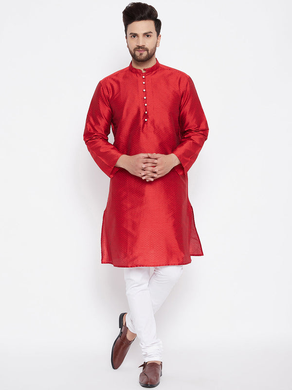 Men's Woven Design Red Straight  Kurta - Even Apparels