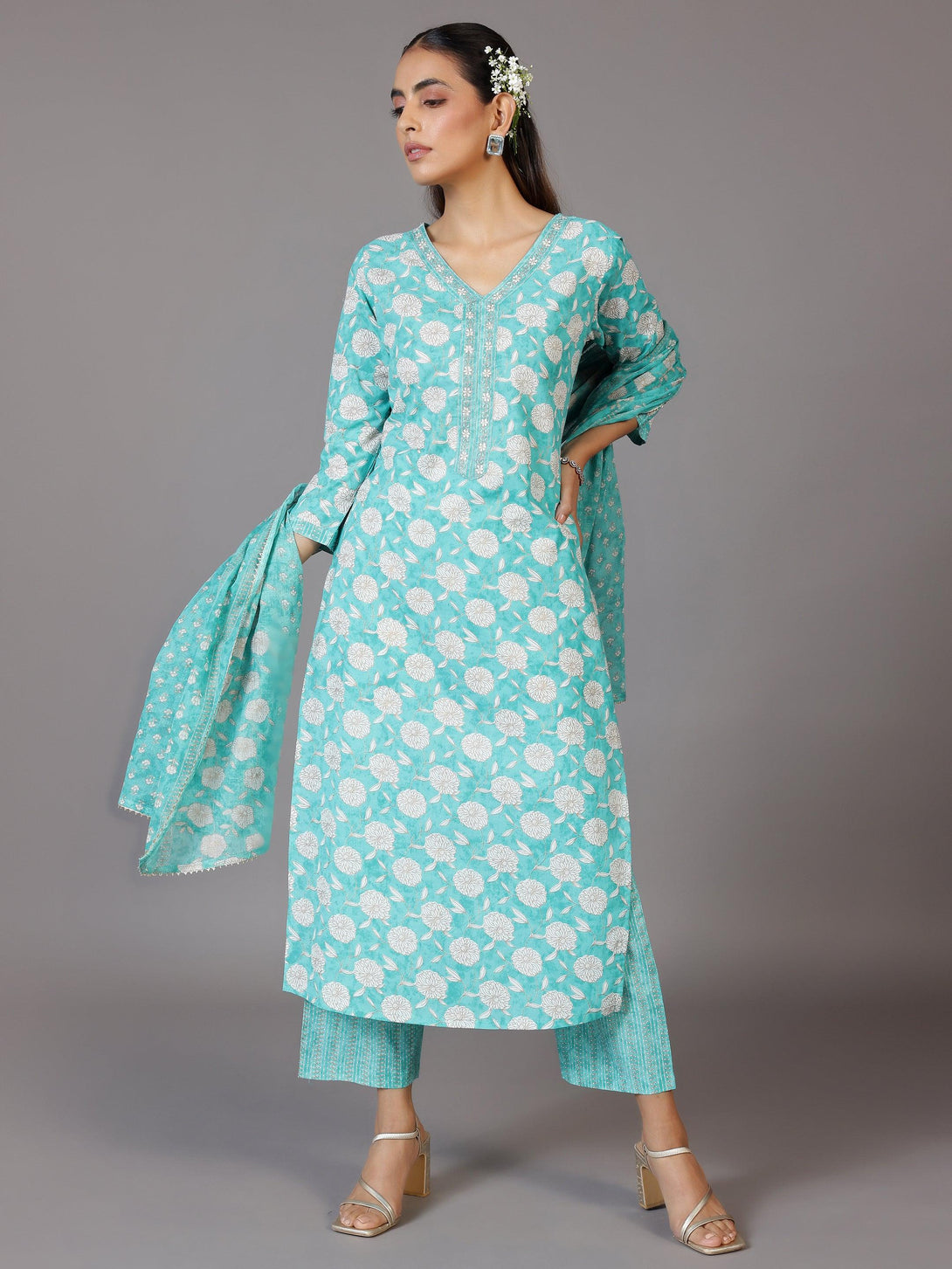 Turquoise Printed Cotton Straight Suit With Dupatta - Jashvi