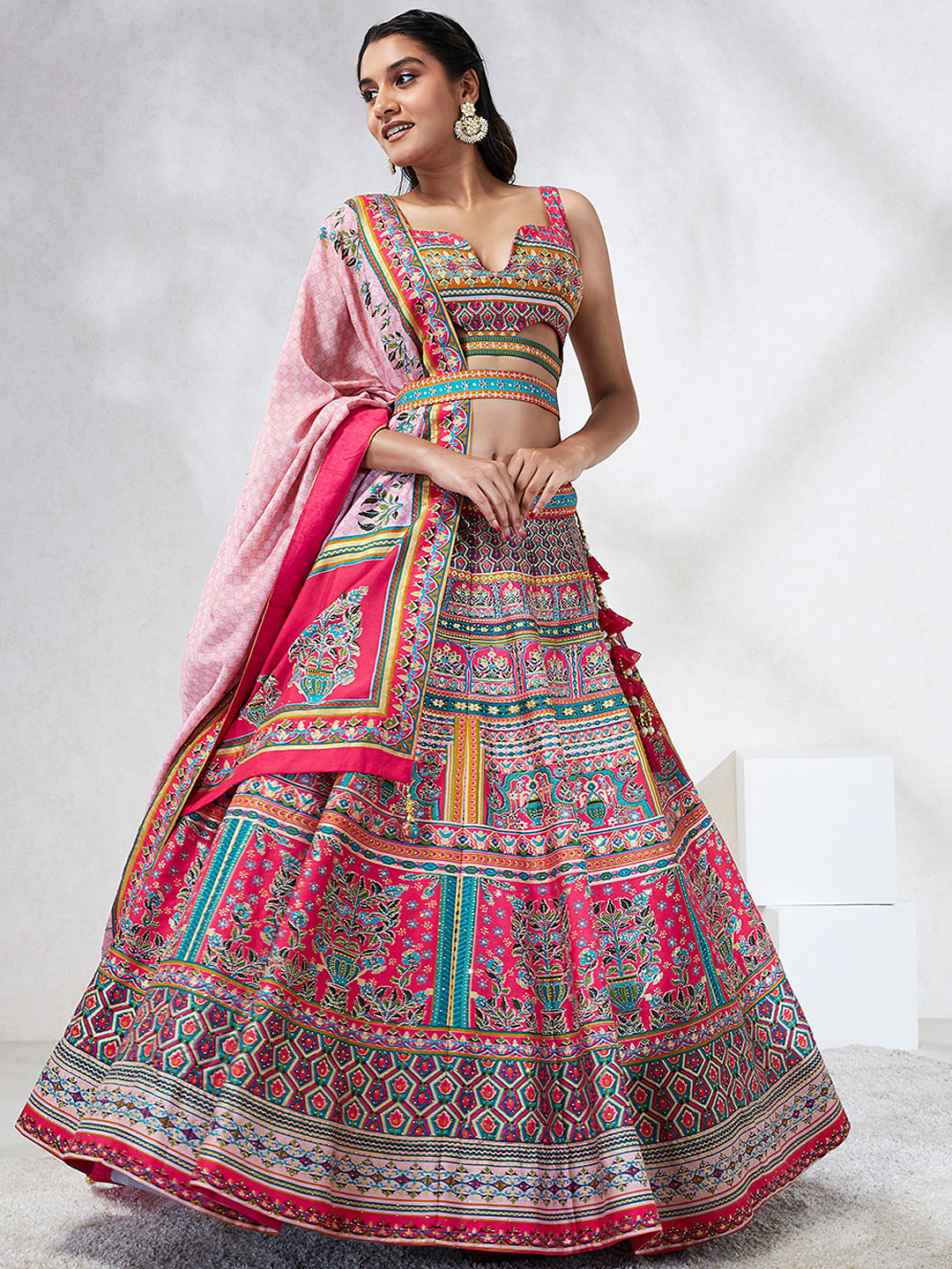 Women's Pink Pure Georgette Position Printing With Siroski Stone Work  Lehenga Choli & Dupatta - Royal Dwells