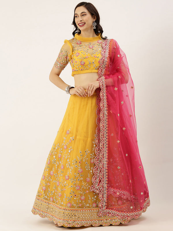 Women's Mustard Colour Net With Miror Work Fully Stitched Lehenga & Blouse With Dupatta - Royal Dwells