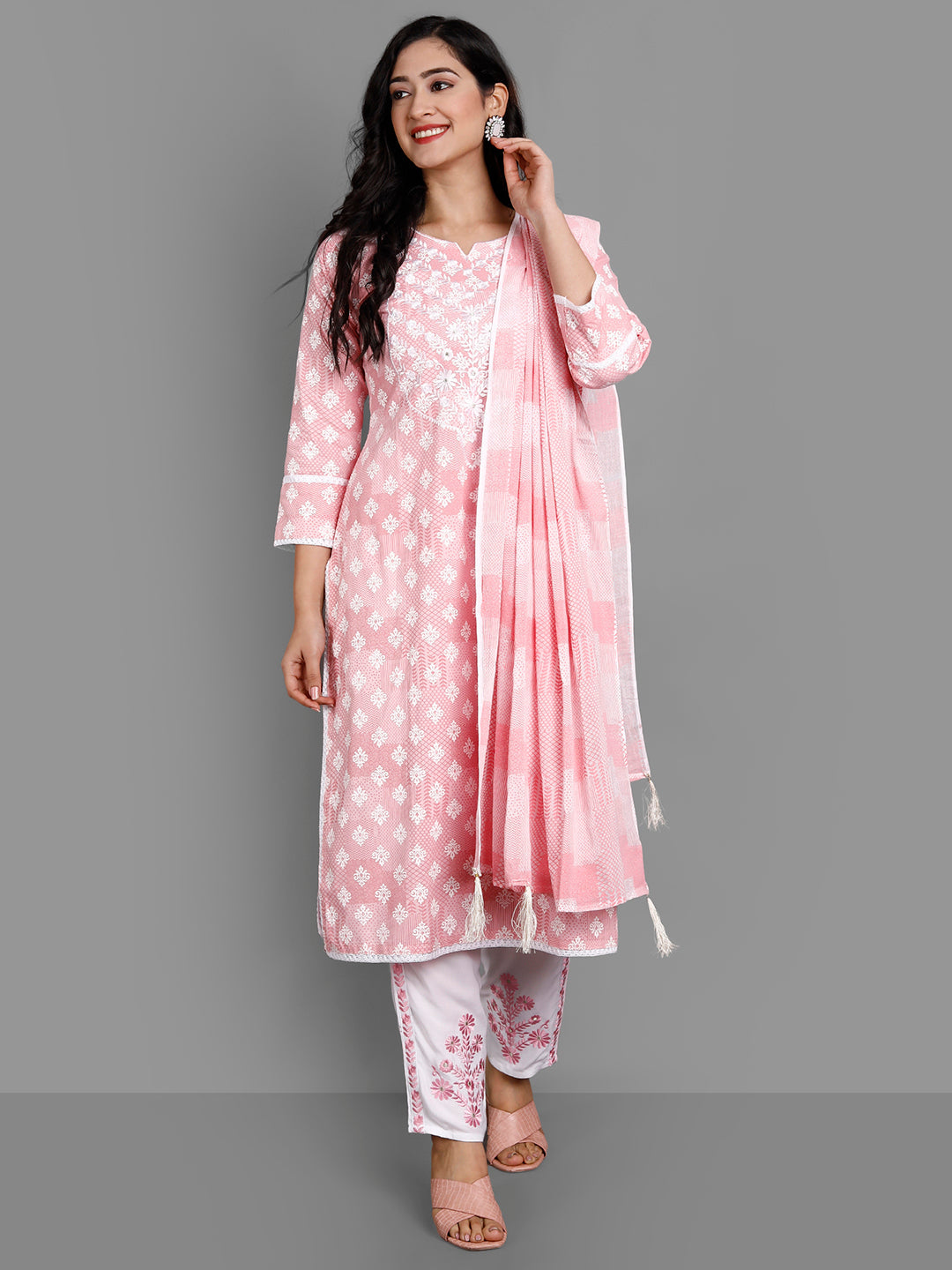 Women's Pink Rayon Kurta Pant And Dupatta Set - Noz2Toz