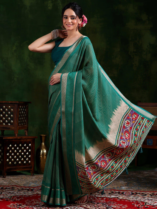 Green Printed Silk Blend Saree With Unstitched Blouse Piece