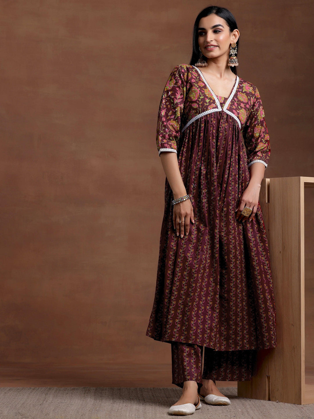 Rust Printed Cotton A-Line Kurta With Palazzos - Jashvi