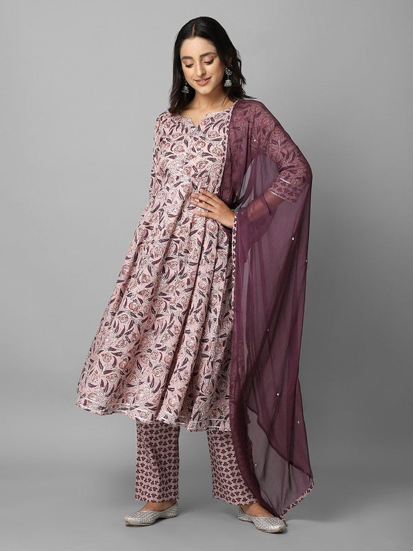 Women's Mauve Floral Printed Anarkali Kurta Palazzo And Dupatta Set - Azira