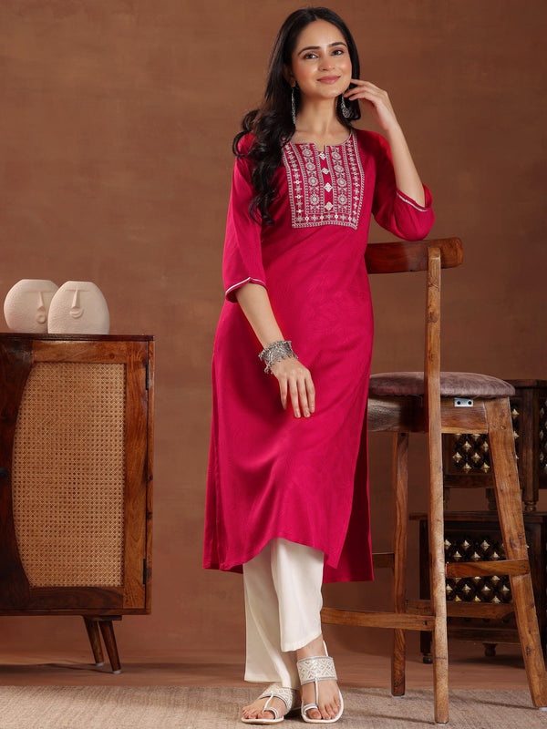 Pink Printed Rayon Straight Kurta