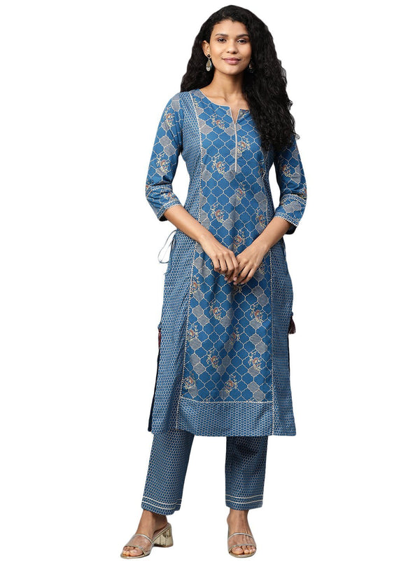 Women Navy Blue Printed  Cotton Kurta & Pant Set by Myshka (2 Pc Set)