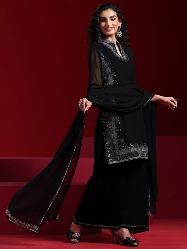 Jashvi Art Black Yoke Design Georgette Straight Suit With Dupatta