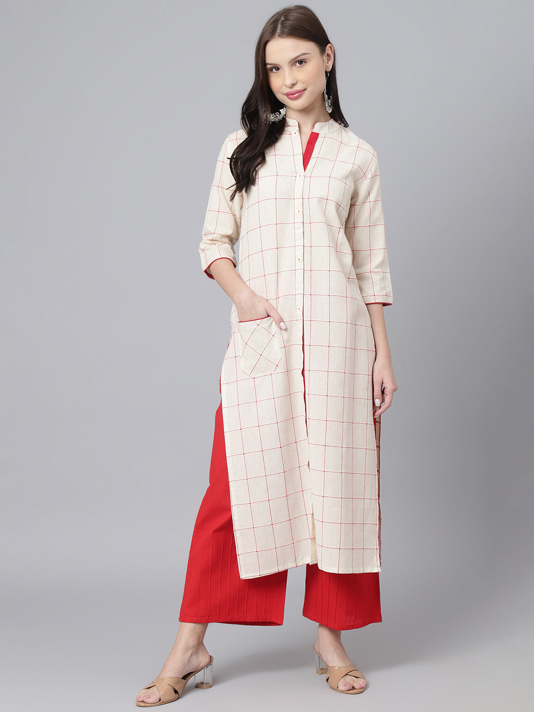 Women's Cream Cotton Printed Straight Kurta  - DECKEDUP