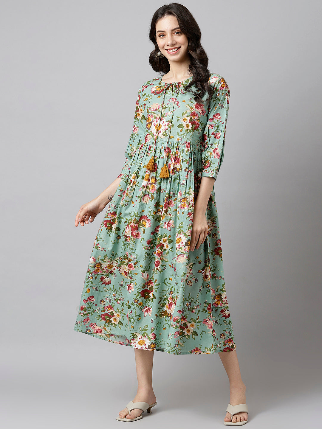 Women's Green Floral Printed Gathered Kurta - Deckedup