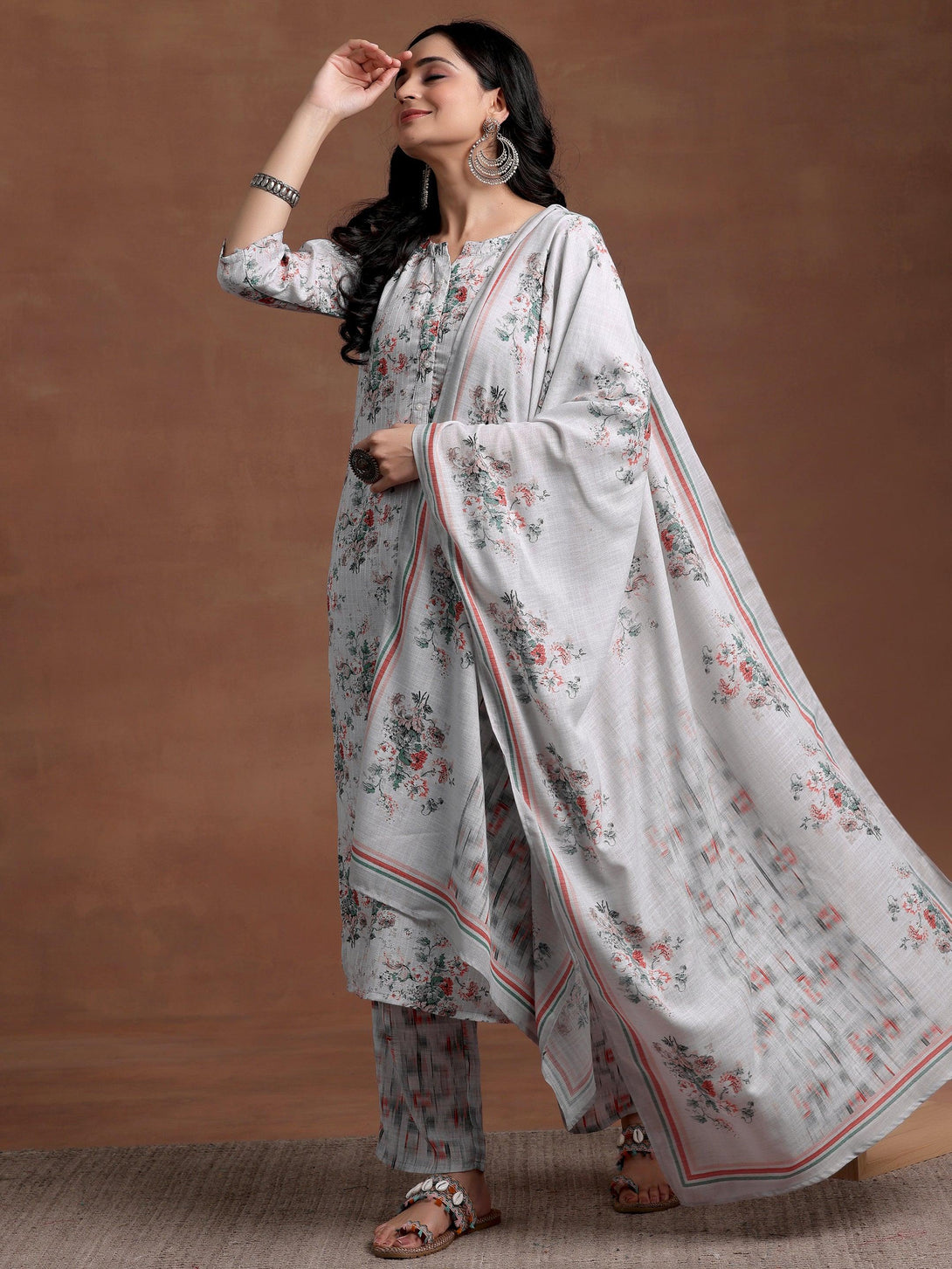 Grey Printed Cotton Straight Suit With Dupatta - Jashvi