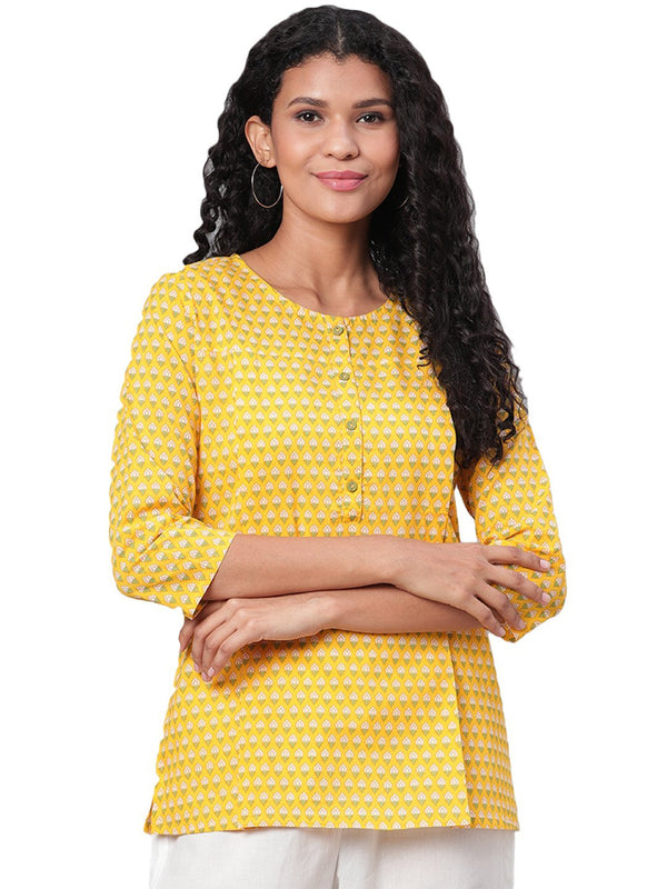 Women Yellow Cotton Printed Short Kurti by Myshka (1Pc Set)