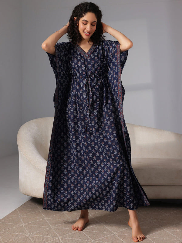 Navy Blue Printed Cotton Kaftan Night Dress - Jashvi