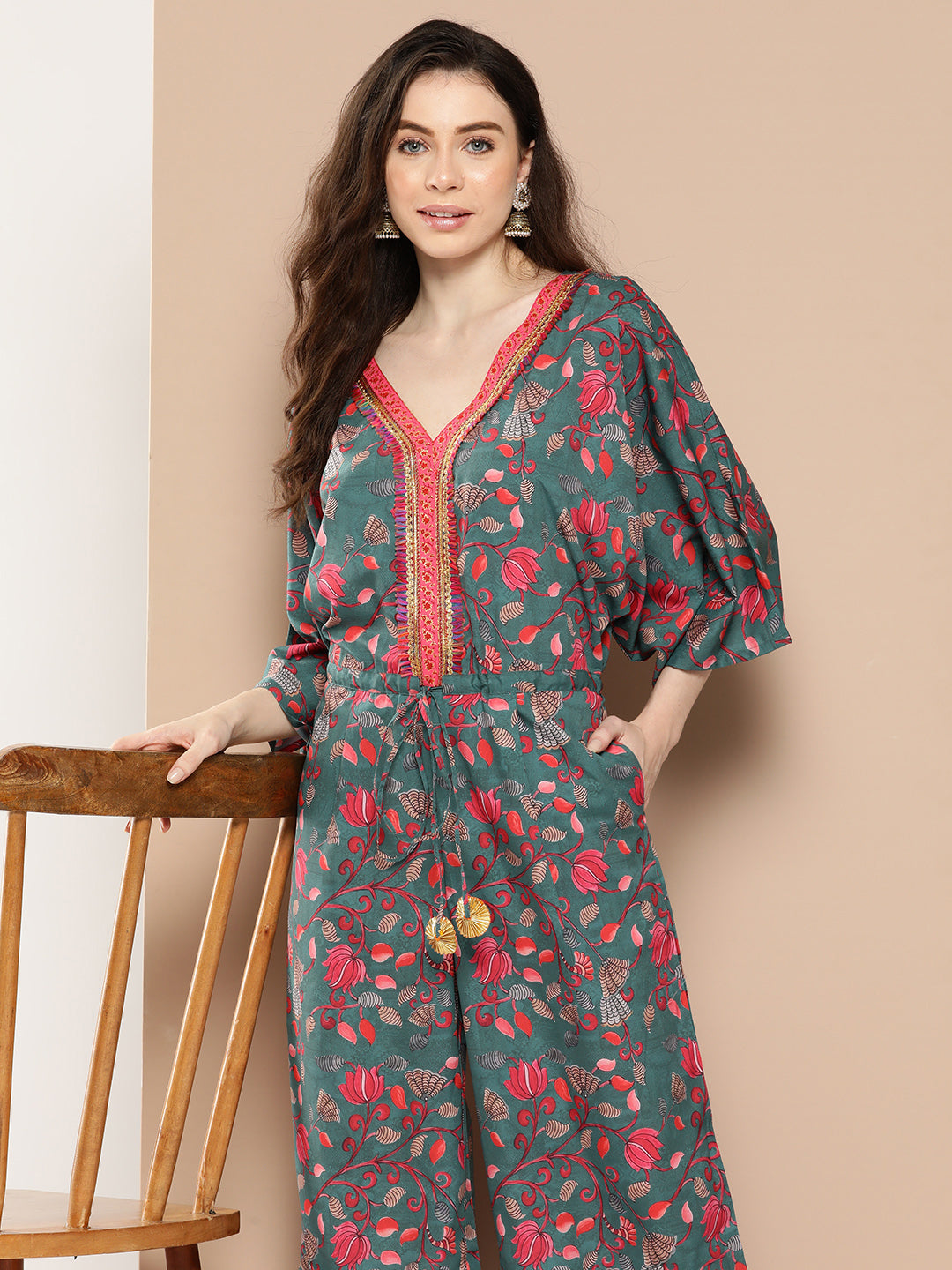 Women's Printed Basic Jumpsuit With Lace Inserts - Ahalyaa