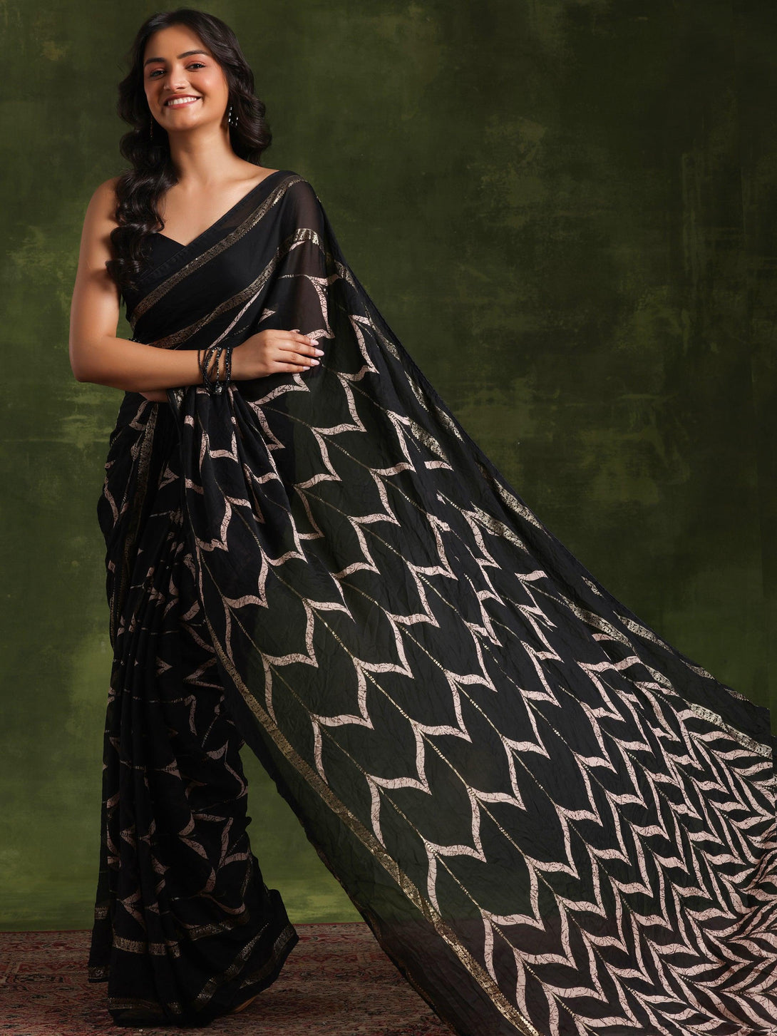 Black Printed Poly Georgette Saree With Unstitched Blouse Piece - Jashvi