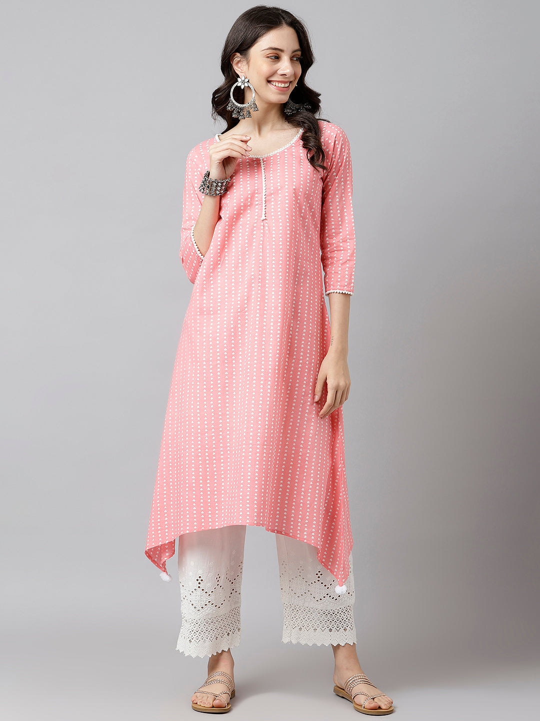 Women's Pink & White Printed A-Line Kurta - Deckedup