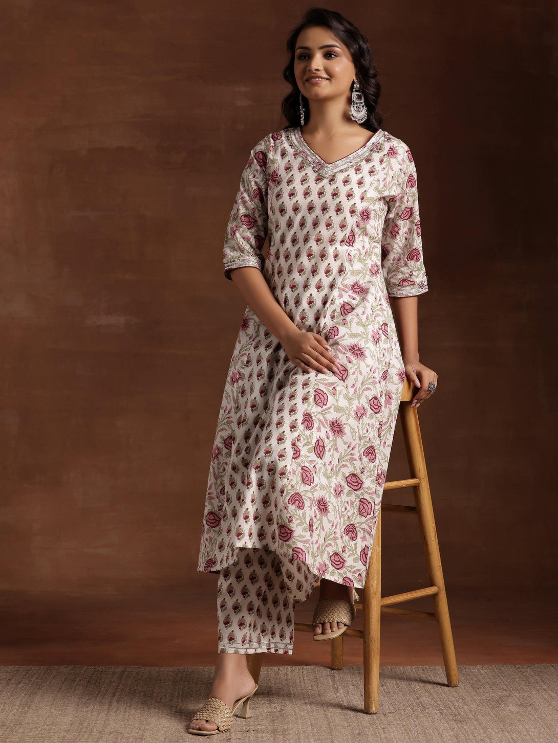 Off white Printed Cotton A-Line Kurta With Palazzos - Jashvi