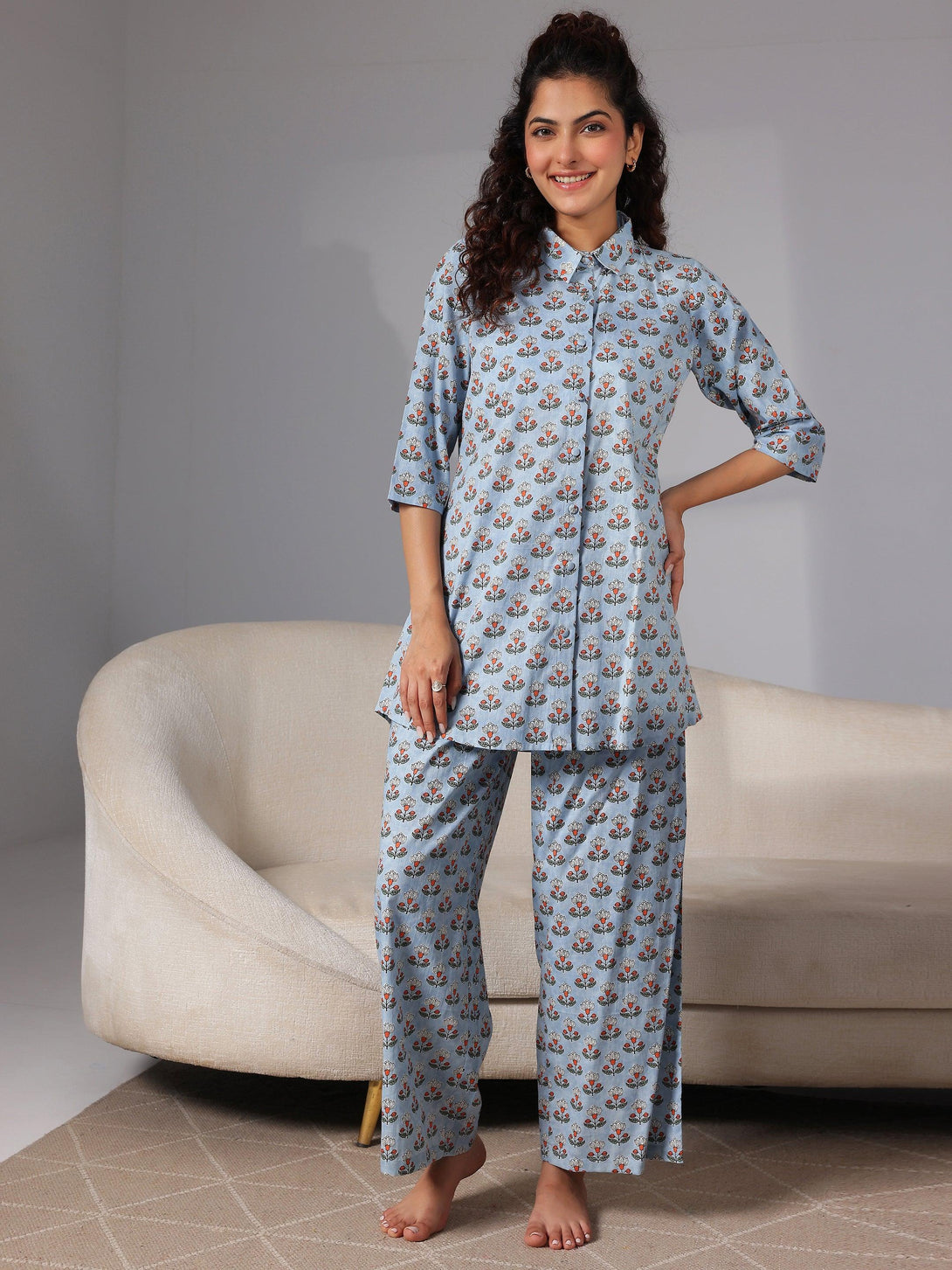 Blue Printed Cotton Night Suits - Jashvi