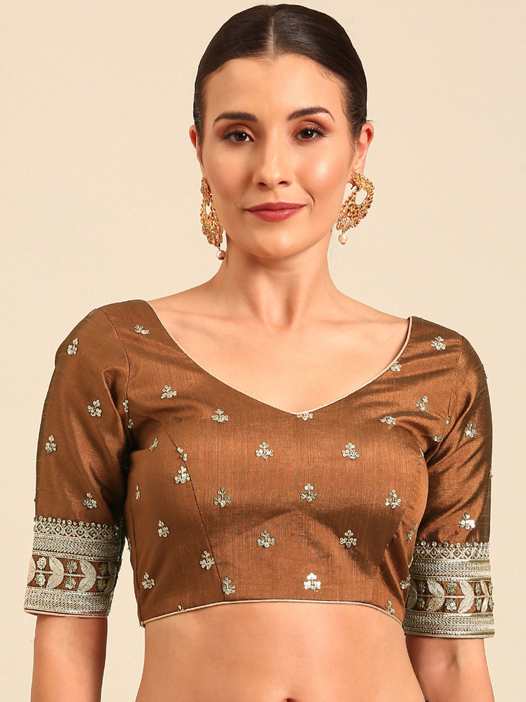 Women's Brown-Toned Pure Silk Embroidery Work Readymade Blouse - Royal Dwells