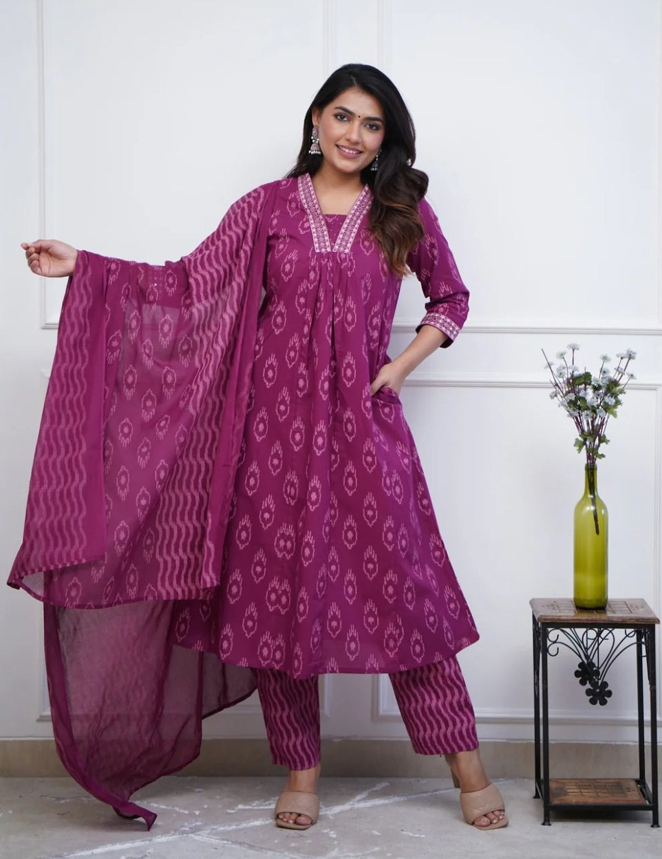 Women's Pink Anarkali Kurta And Pant Set With Dupatta - Alvami