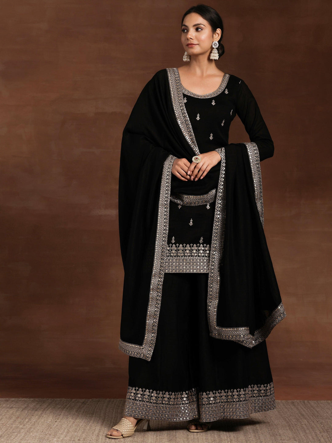 Black Embroidered Silk Blend Straight Suit With Dupatta - Jashvi