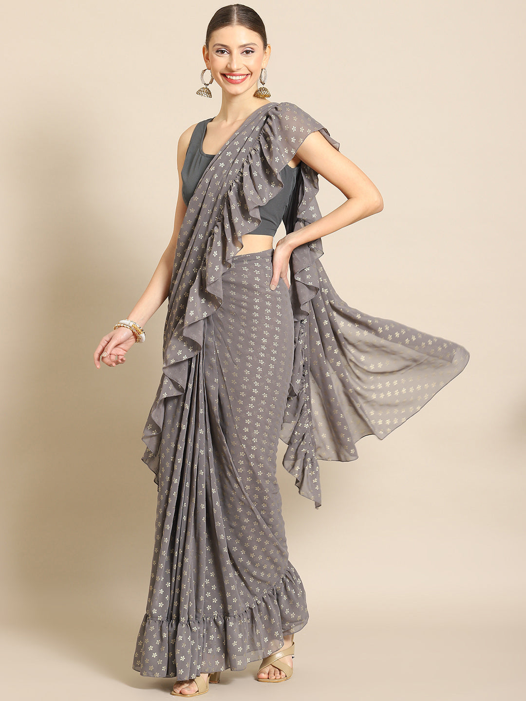 Women's Floral Ready To Wear Ruffles Saree - Ahalyaa