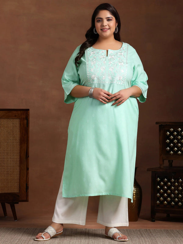 Plus Size Blue Yoke Design Rayon Straight Kurta