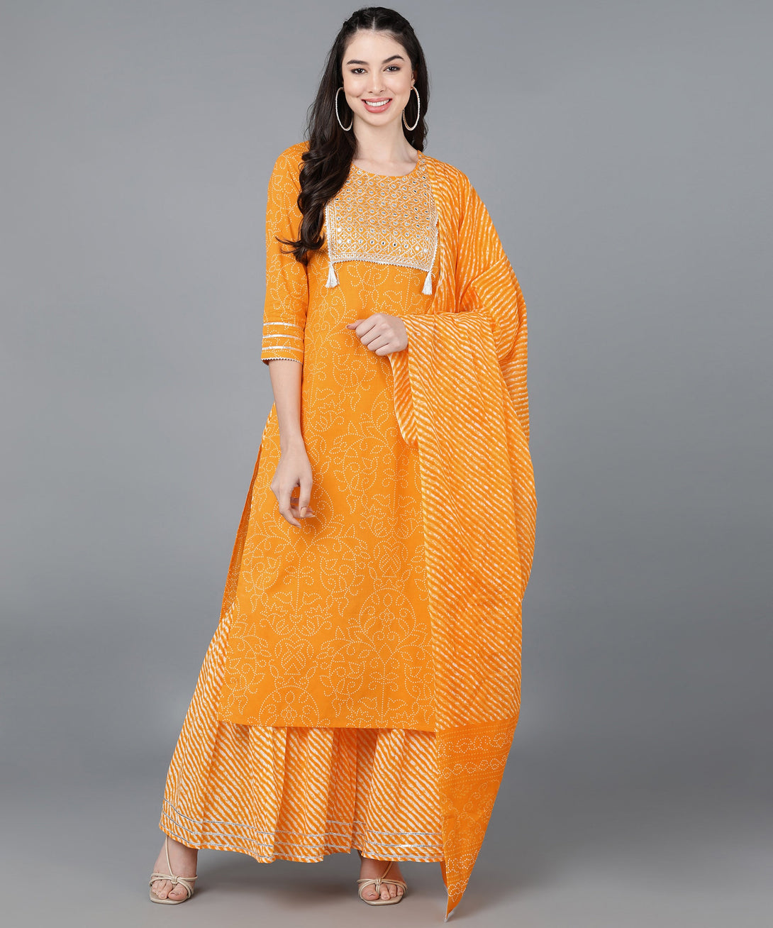 Women's Cotton Lehriya Print Straight Kurta Set (Orange) - Kipek