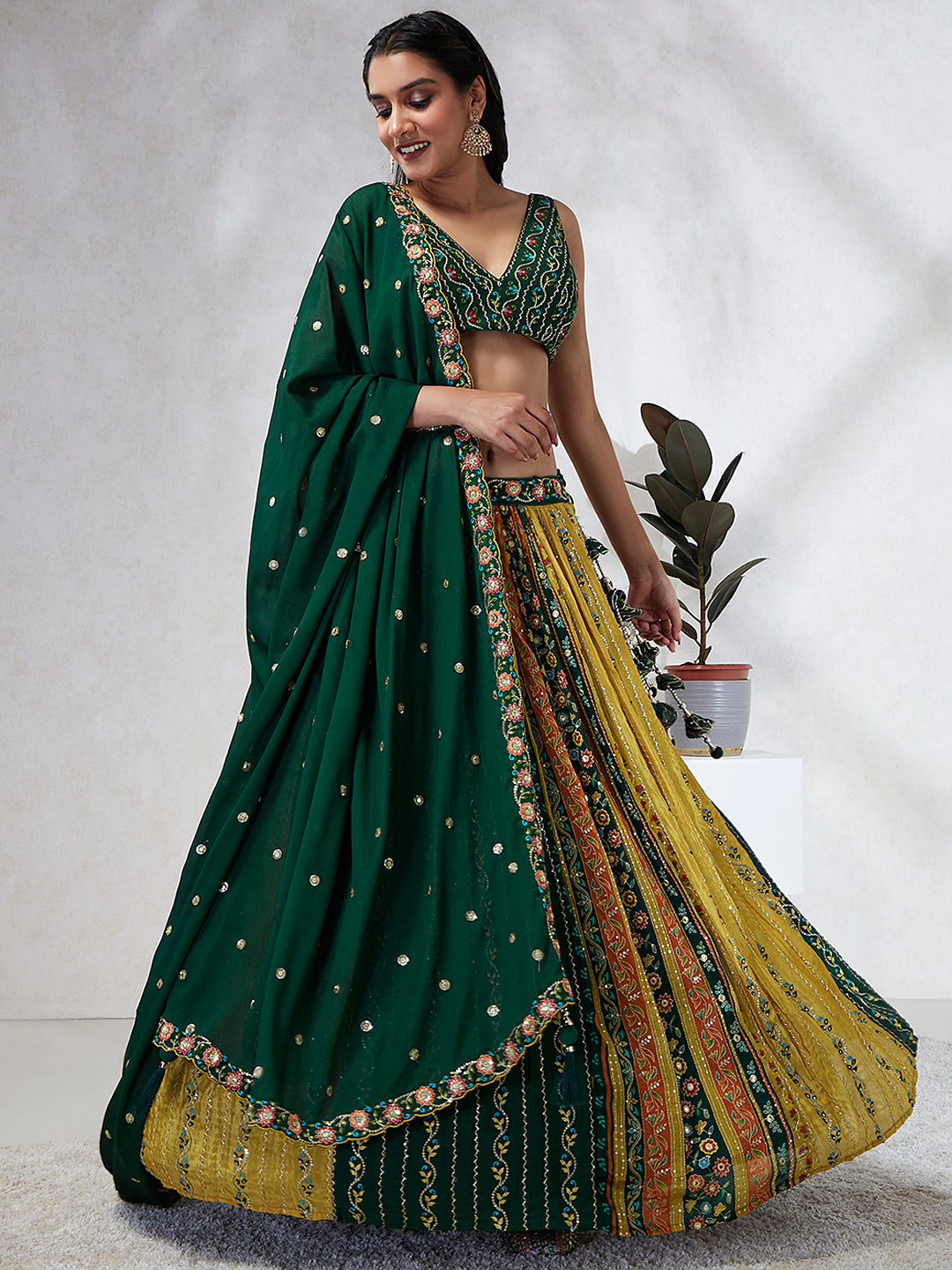 Women's Green Pure Georgette Sequins And Thread Embroidery  Lehenga Choli & Dupatta - Royal Dwells