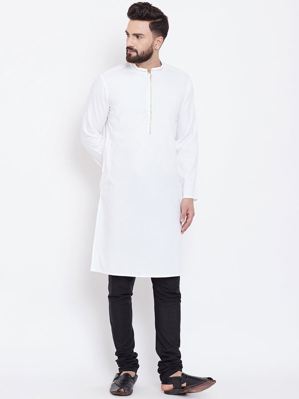 Men's White Zari Work Cotton Kurta - Even Apparels