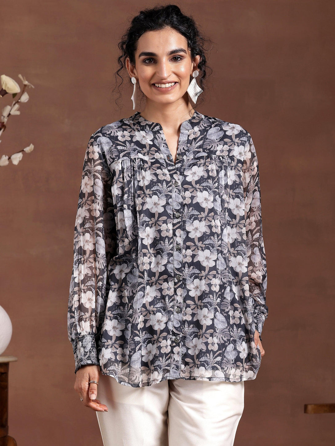 Grey Printed Chiffon A-Line Kurti - Jashvi