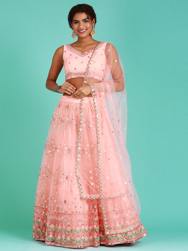 Women's Peach Net Sequince Work Lehenga & Blouse, Dupatta - Royal Dwells