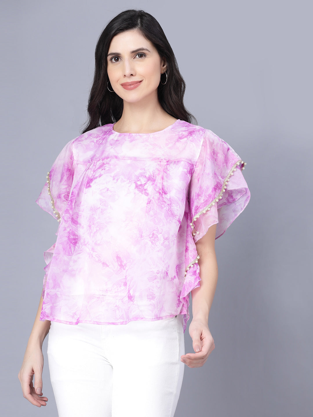 Women's Organza Printed Short Sleeve Round Pink  Women Top - Myshka