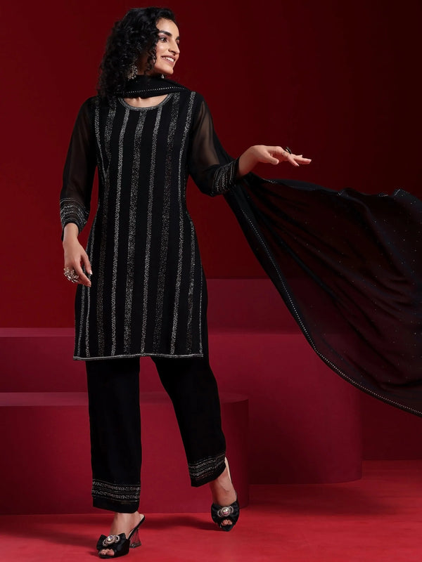 Jashvi Art Black Striped Georgette Straight Suit With Dupatta