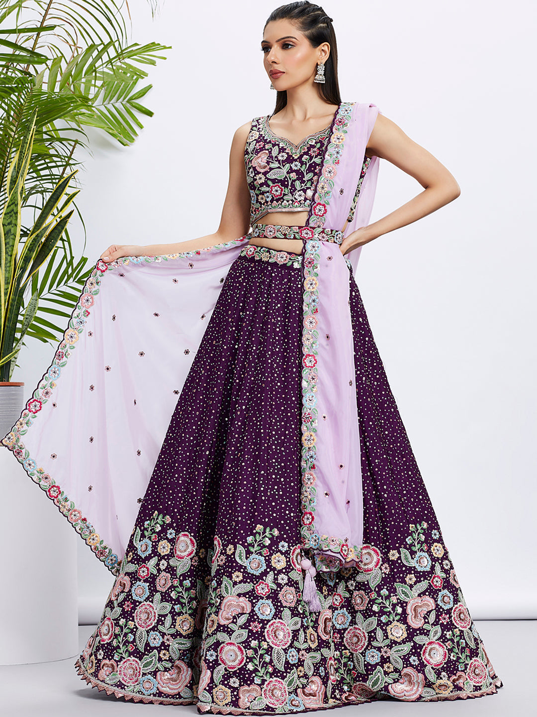 Women's Purple Pure Chiffon Sequins And Thread Embroidery Lehenga Choli & Dupatta - Royal Dwells