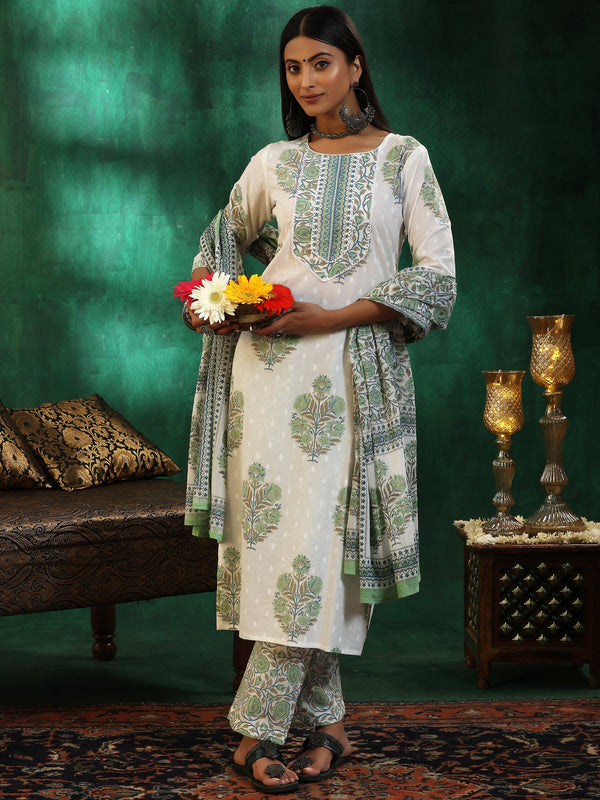 Off White Printed Cotton Straight Suit With Dupatta