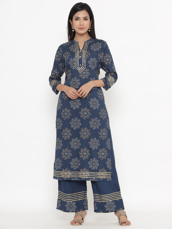 Women's Navy Blue Printed Rayon Kurta with Palazzo Set by Kipek (2 Pc Set)