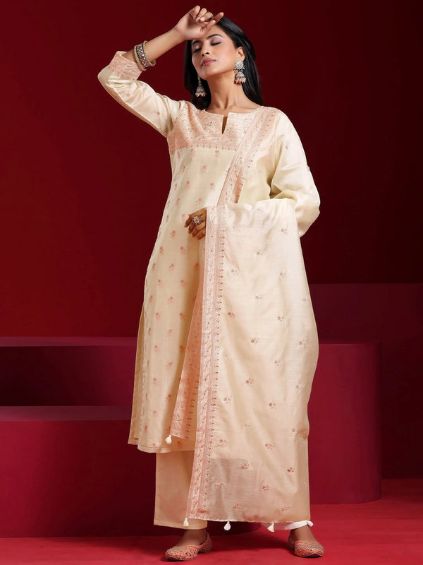 Jashvi Art Off White Embroidered Chanderi Silk Straight Suit With Dupatta