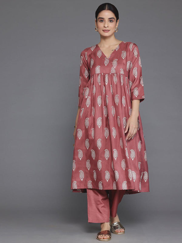 Mauve Printed Silk Blend A-Line Kurta With Trousers - Jashvi