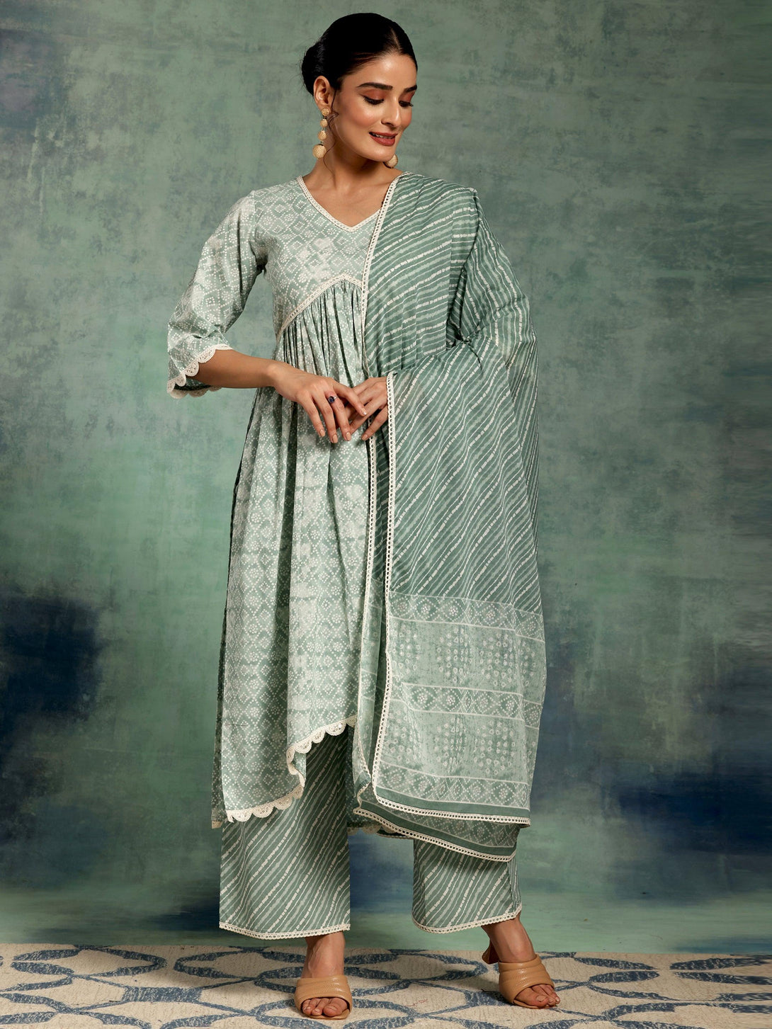 Green Printed Cotton A-Line Kurta With Palazzos & Dupatta - Jashvi