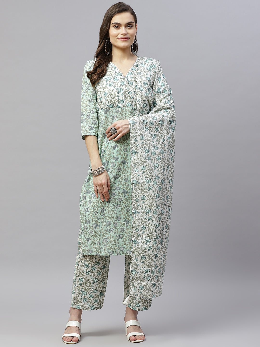 Women's Floral Printed Angrakha Pure Cotton Kurta With Palazzo & Dupatta Set - Miravan