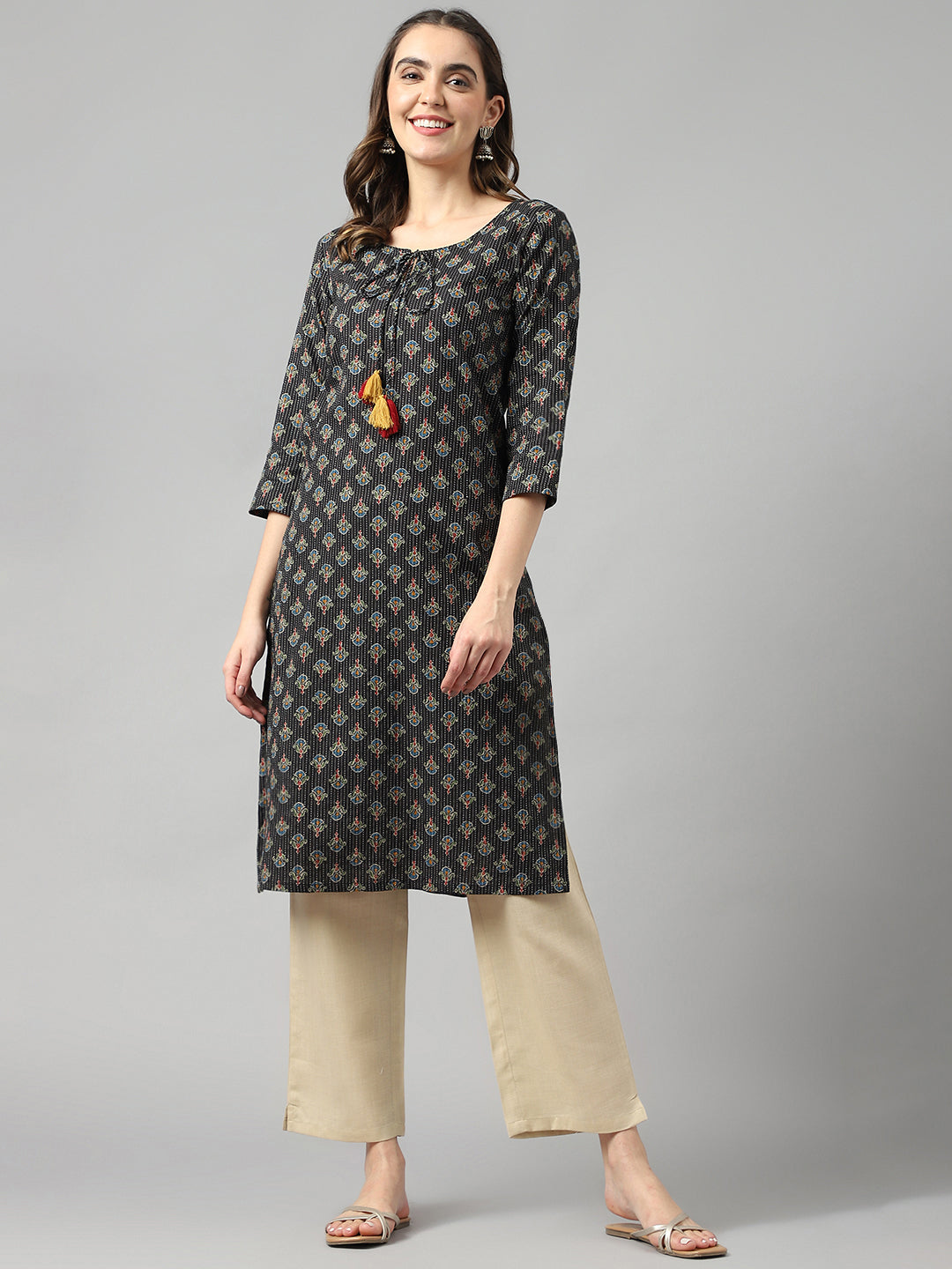 Women's Black Woven Straight Kurta With Tussles - Deckedup