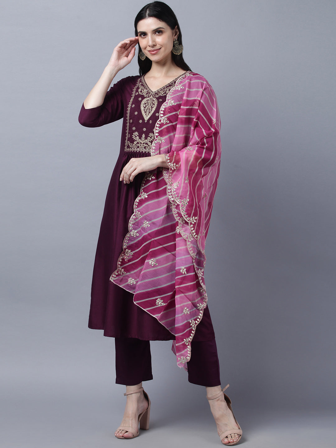 Women's Stylish Maroon  3/4 Sleeve Kurta Pant With Dupatta Set - Myshka