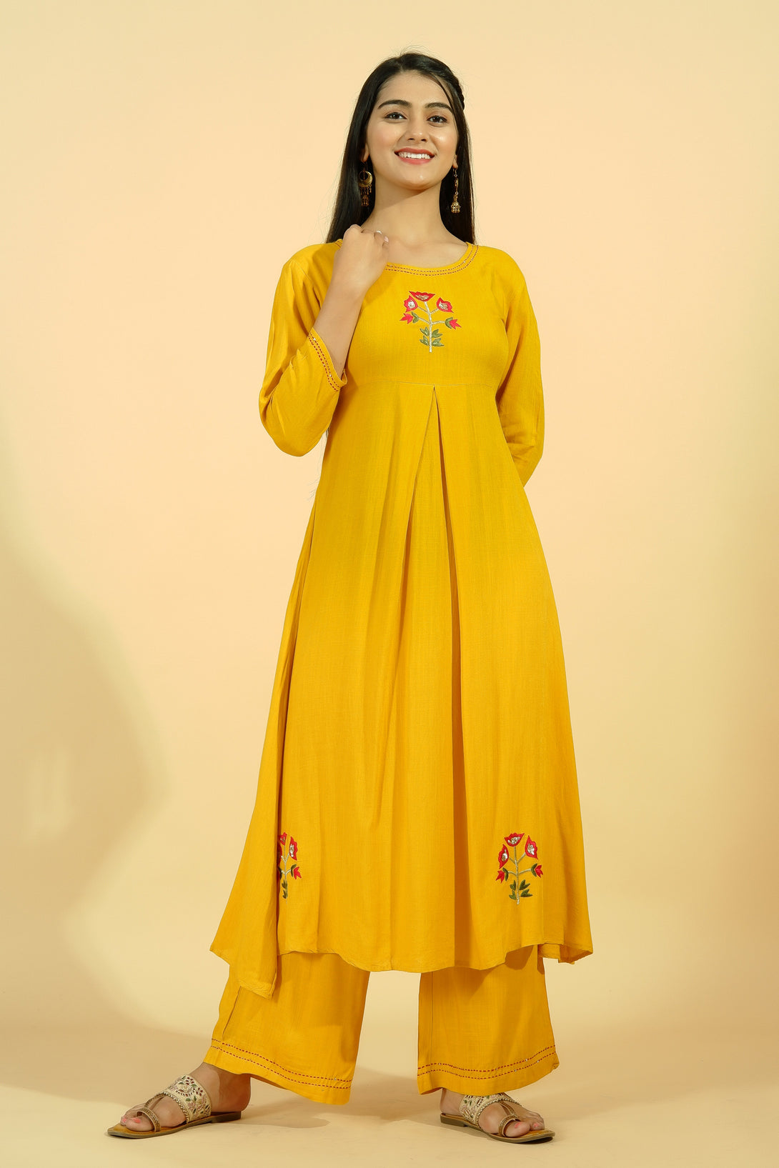 Women's Rayon Solid Flared Kurta Set (Mustard) - Kipek