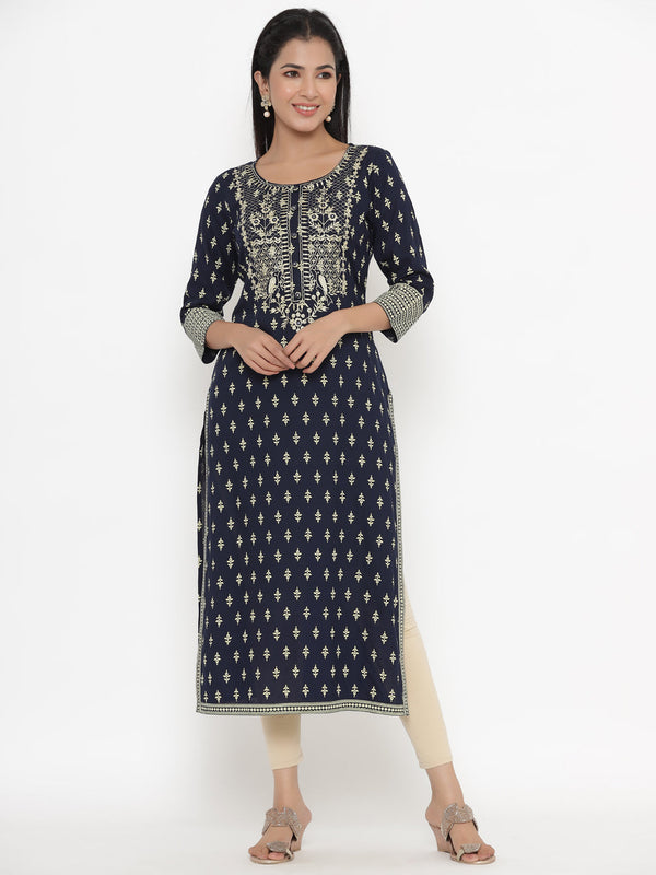 Women's Self Desgin Rayon Fabric Straight Kurta Navy Color - Kipek