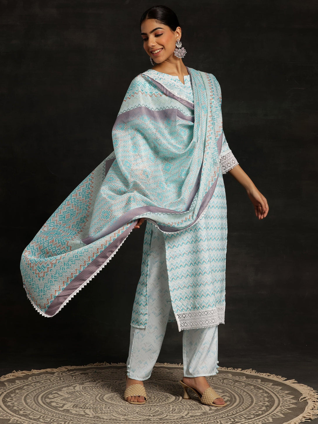 Blue Embroidered Cotton Straight Suit With Dupatta - Jashvi