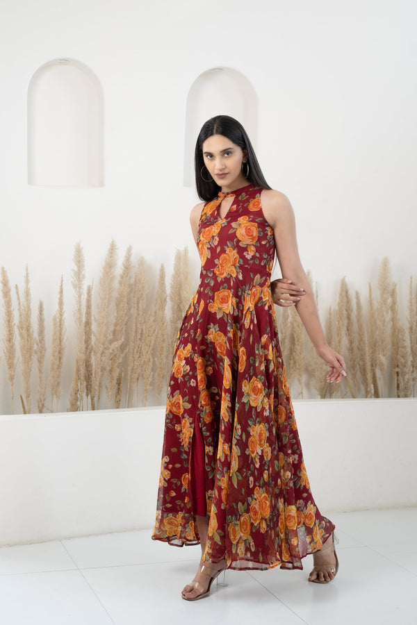 Women’S Brown Maxi Dress By Saras The Label- (1Pc Set)